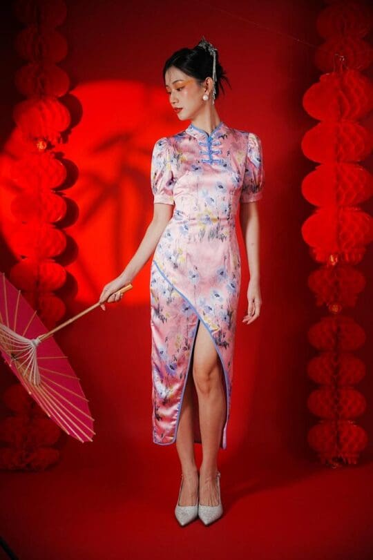 Ruyi Qipao Long Dress in Pink Print